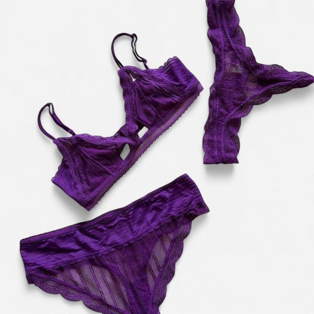 Naked Princess Bra Thong and Panty Lingerie Set in Purple Sizes Small Medium